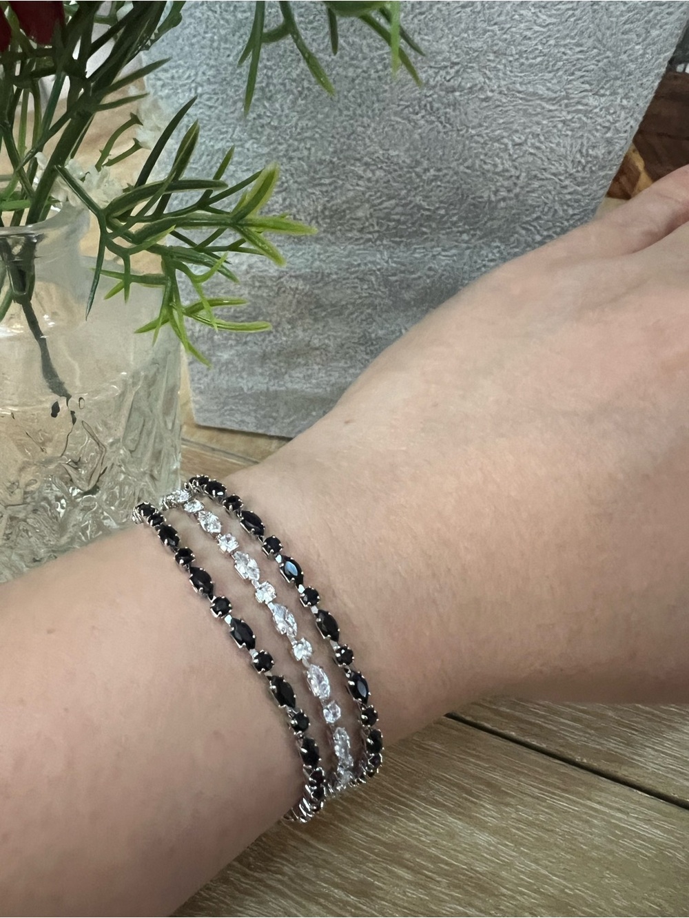 Black and Clear Crystal Triple-Row Bracelet - Women's Jewelry